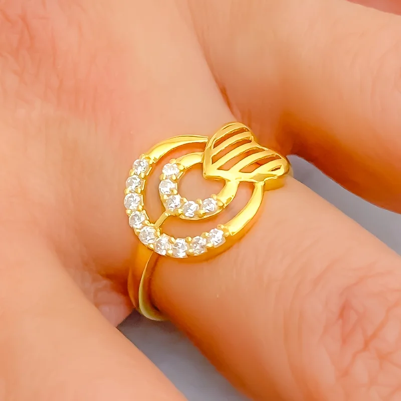 Women’s rings with matching necklaces-Modern Striped Heart 22k Gold CZ Ring