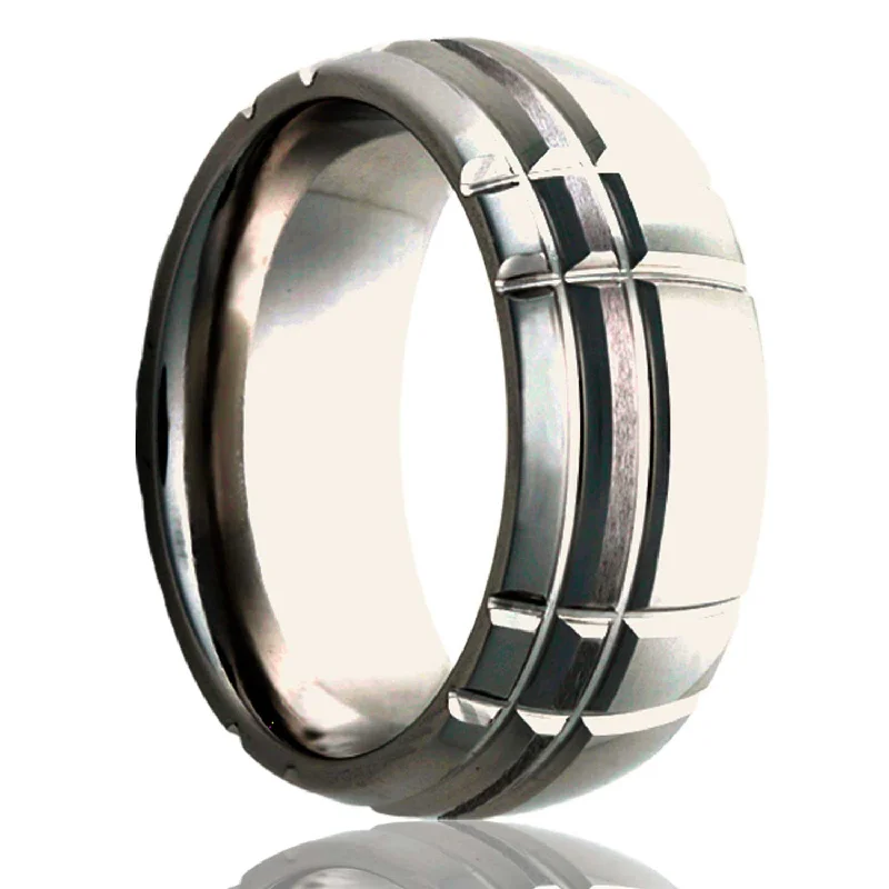 Bohemian rings for women-Asymmetrical Intersecting Grooves Domed Satin Finish Cobalt Wedding Band