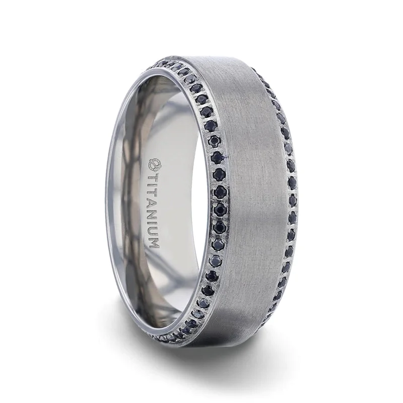 Elegant eternity rings for women-Brushed Titanium Men's Wedding Band with Black Sapphire Edges