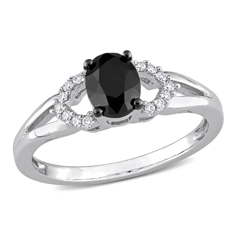 Engagement rings with large center stones-Miadora 1ct TDW Oval-cut Black and White Diamond Split Shank Engagement Ring in 14k White Gold