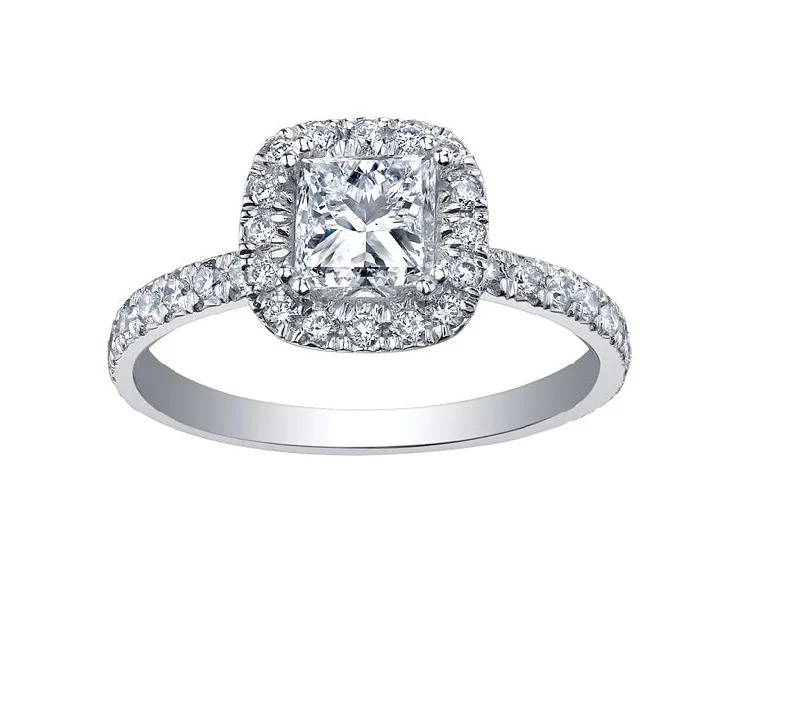 Engagement rings with cushion cut diamonds-14kt White Gold 0.73cttw Princess Cut Canadian Diamond Halo Engagement Ring