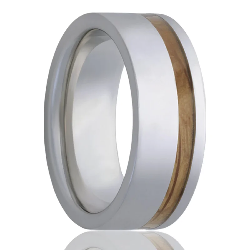 Simple gold rings for women-Whiskey Barrel Wood Inlaid Tungsten Wedding Band with Beveled Edges