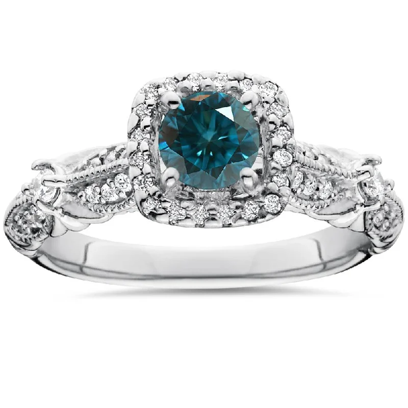 Engagement rings with emerald stones-1 1/2ct Blue Diamond Cushion Halo Engagement Ring 14K White Gold Lab Grown Size Selectable