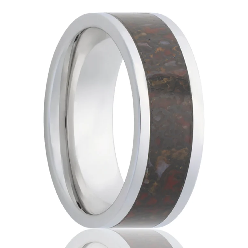 Fashion rings for women with colored stones-Red Dinosaur Bone Inlay Cobalt Wedding Band