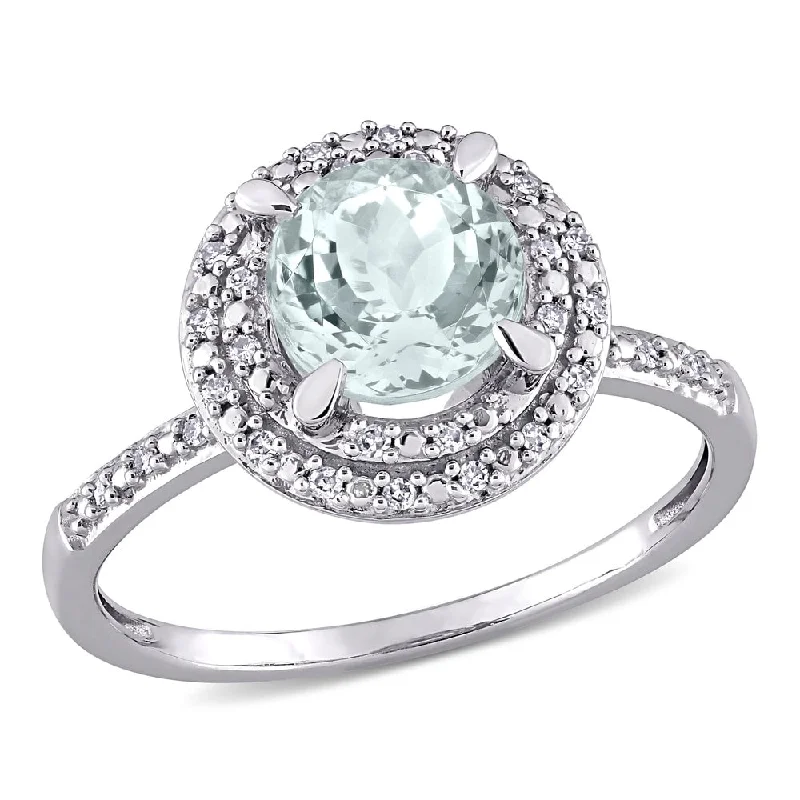 Engagement rings with cushion cut diamonds-Miadora 10k White Gold Aquamarine and 1/10ct TDW Diamond Double Halo Engagement Ring