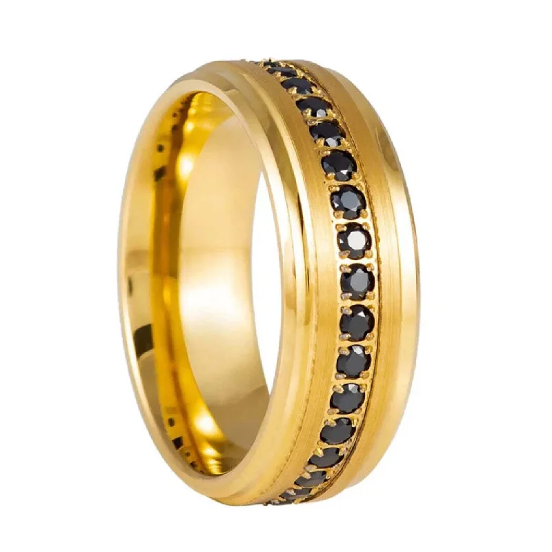 Unique promise rings for women-Gold Tungsten Men's Wedding Band with Black Cubic Zirconia