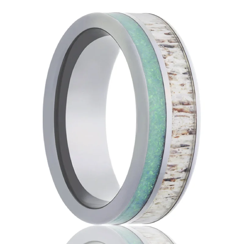 Affordable engagement rings for women-Antler & Blue Opal Inlay Tungsten Wedding Band