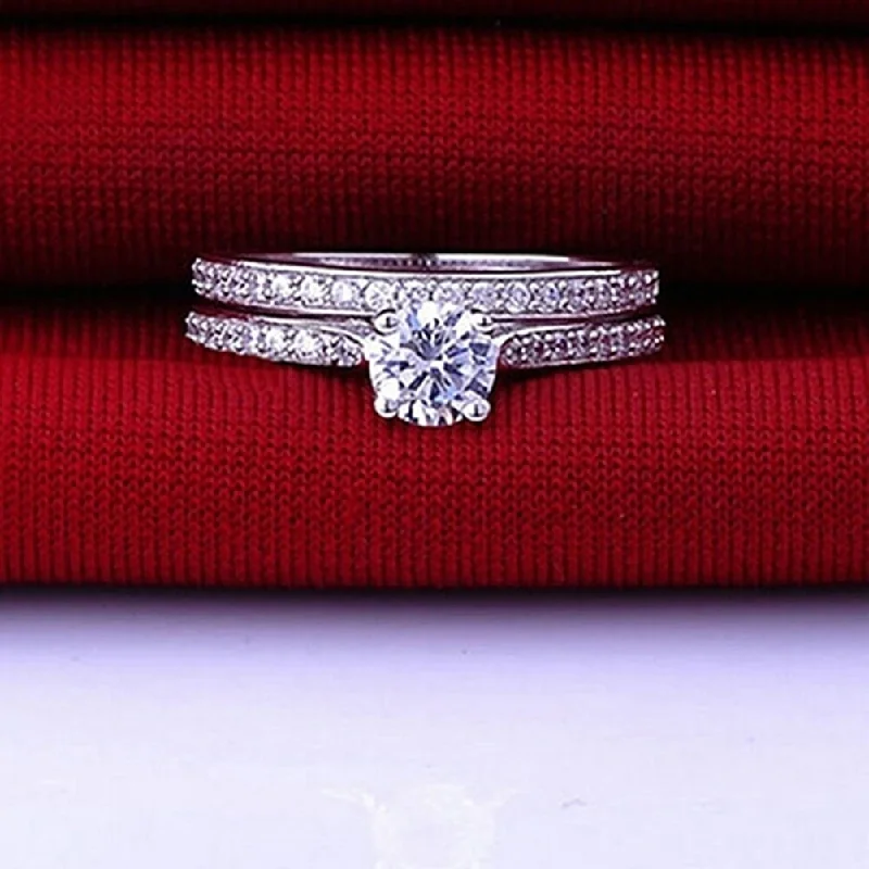 Affordable engagement rings for brides-Women Engagement Wedding 2Pcs Ring Set Cubic Zirconia White Silver Plated Rings