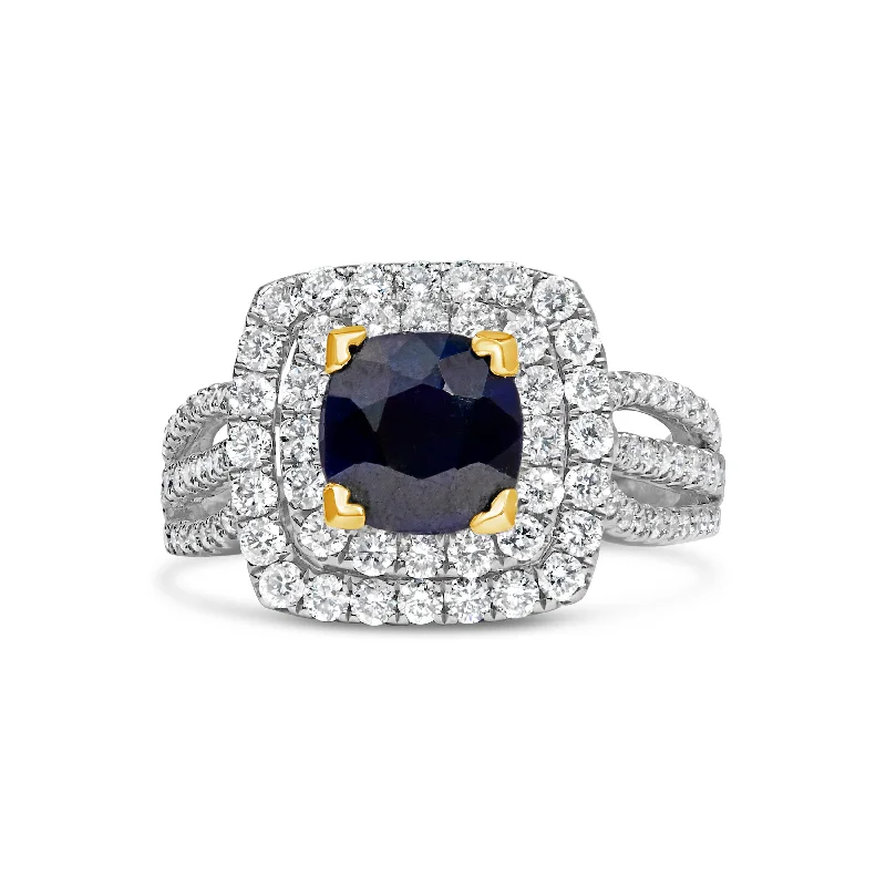 Affordable engagement rings under $1000-14K White Gold 7X7 Round Blue Sapphire 1 1/2 Cttw Diamond Halo Engagement Ring