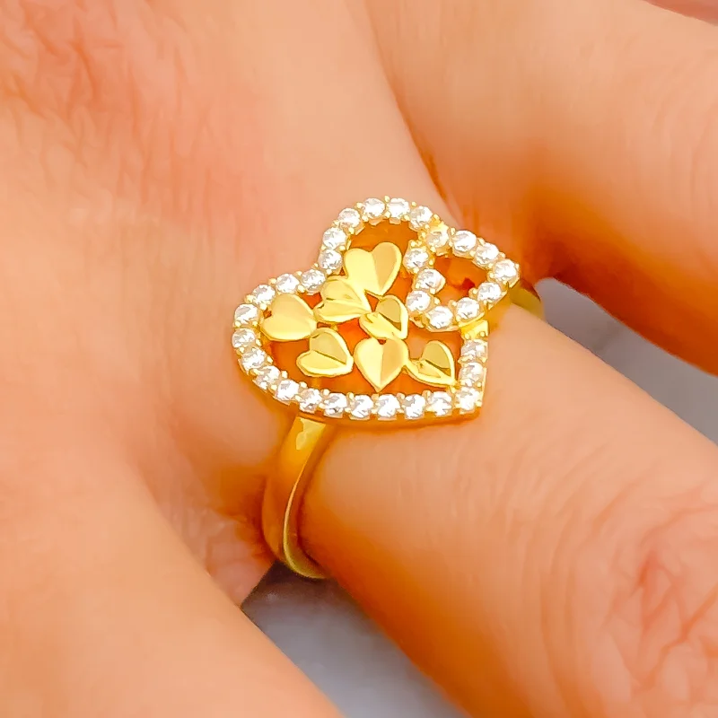 Delicate diamond rings for women-Striking Heart Cluster 22k Gold CZ Ring