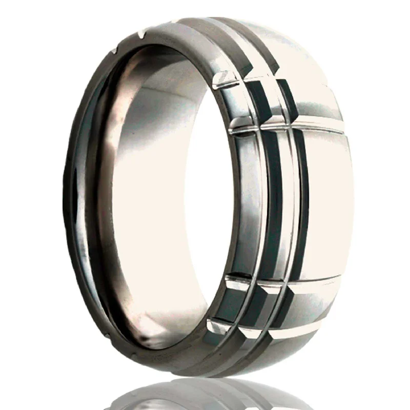 Classic solitaire rings for women-Asymmetrical Intersecting Grooves Domed Titanium Wedding Band