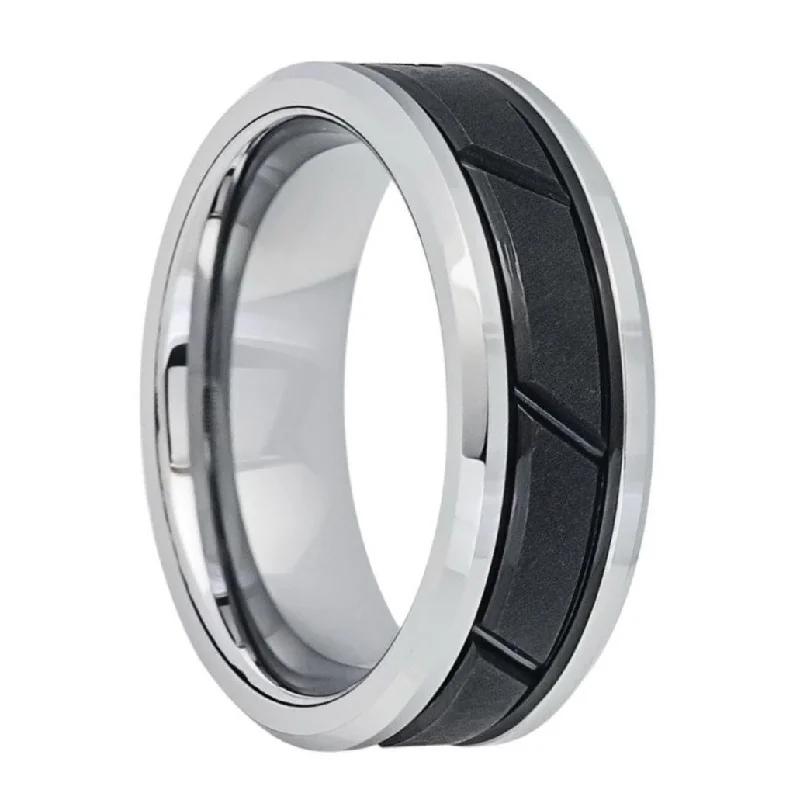 Classic wedding bands for women-Black Inlay Diagonal Grooved Tungsten Men's Wedding Band