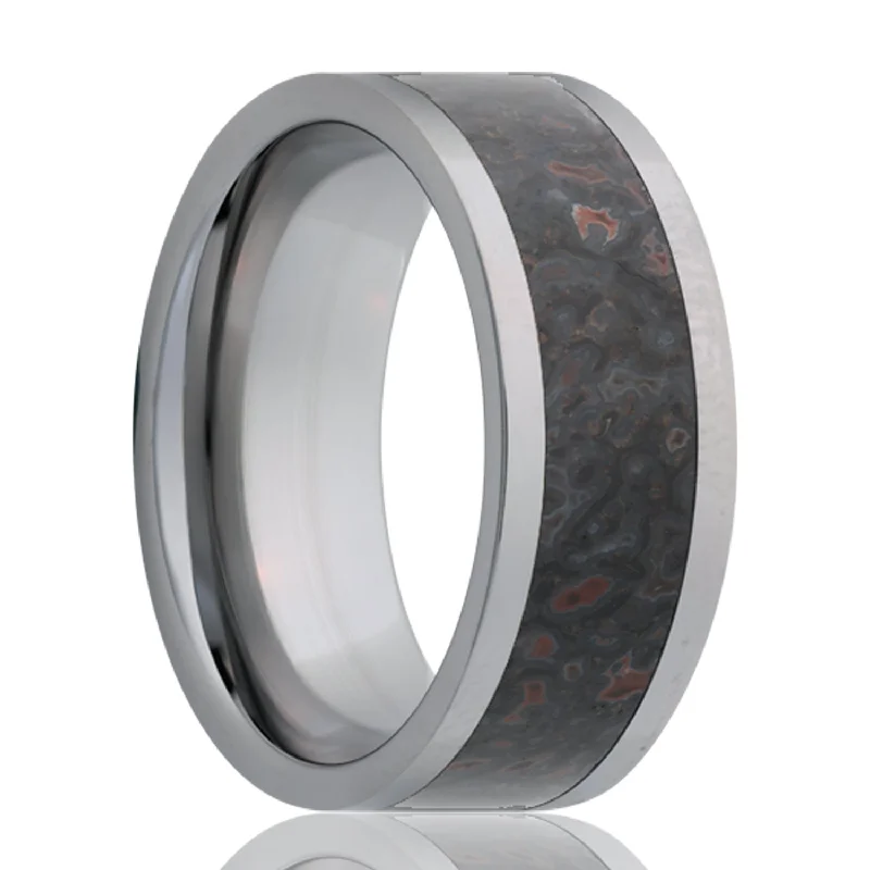 Custom-designed rings for ladies-Grey Dinosaur Bone Inlay Tungsten Wedding Band