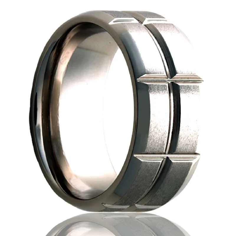 Birthstone rings for women-Satin Finish Titanium Wedding Band with Beveled Edges with Intersecting Grooves