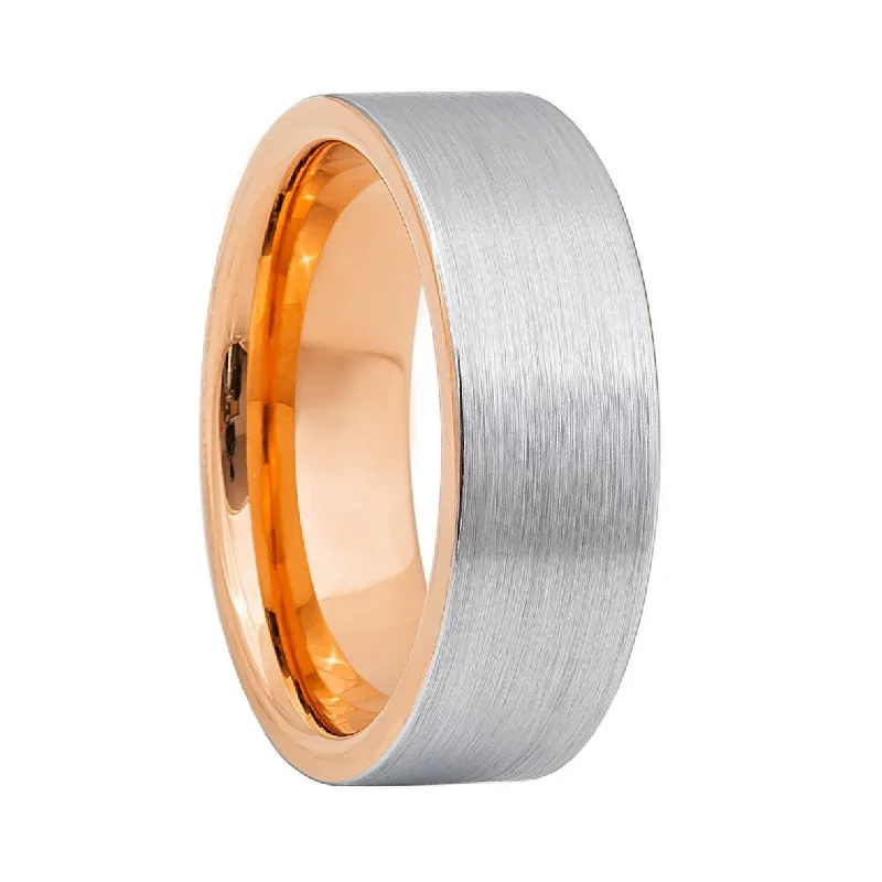 Elegant cocktail rings for women-Brushed Tungsten Men's Wedding Band with Contrasting Rose Gold Interior