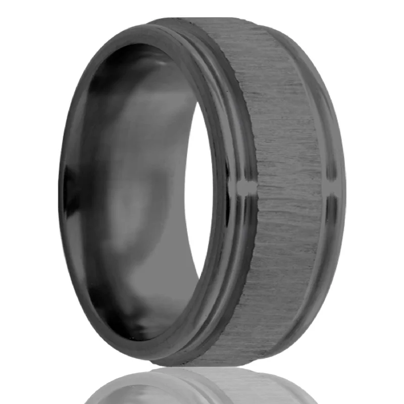 Stunning diamond engagement rings for women-Treebark Grooved Zirconium Wedding Band with Stepped Edges