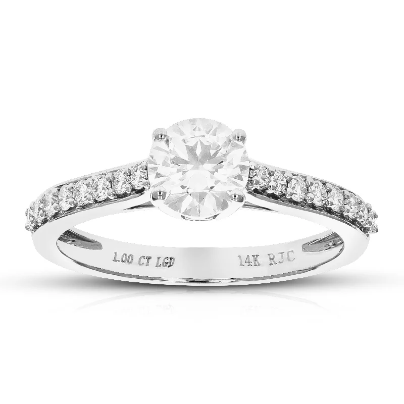 Classic women’s engagement rings with diamonds-1 cttw Round Lab Grown Diamond Engagement Ring 17 Stones 14K White Gold Prong Set 3/4 Inch