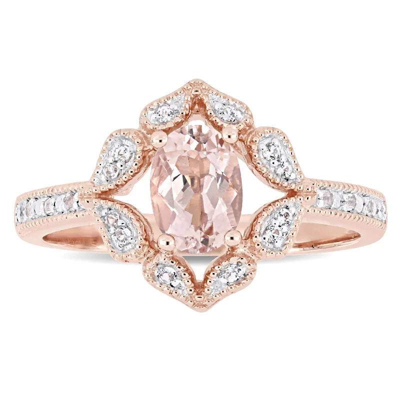 Engagement rings with round cut diamonds-Miadora 14k Rose Gold Oval-cut Morganite & White Topaz Engagement Ring