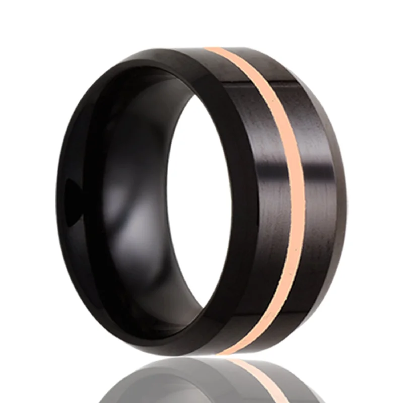 Vintage-style rings for ladies-Rose Gold Inlay Ceramic Wedding Band with Beveled Edges