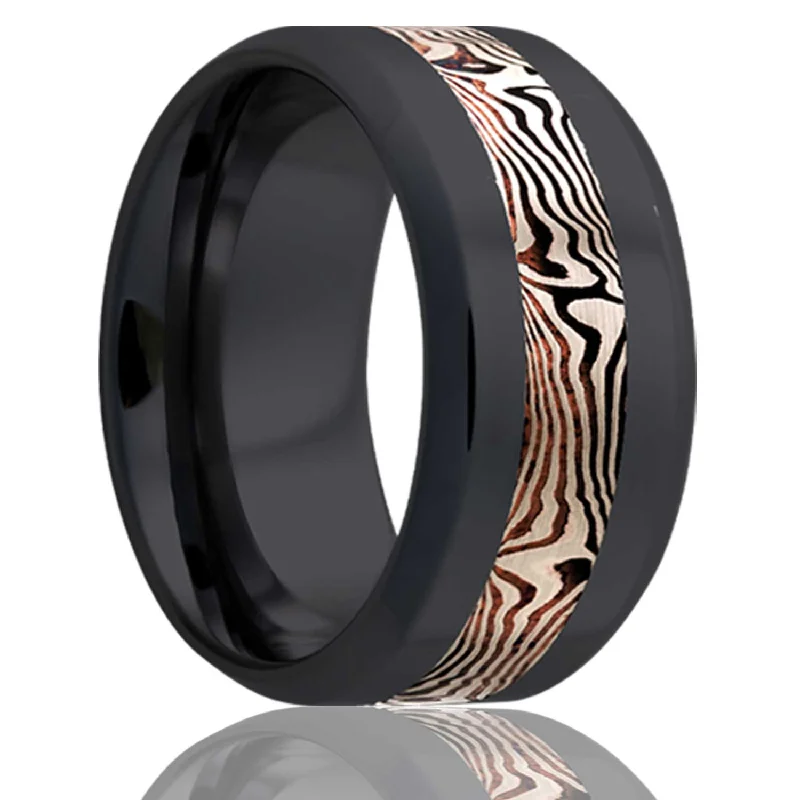 Unique design rings for women-14k White Gold & Shakudo Mokume Gane Inlay Zirconium Wedding Band with Beveled Edges