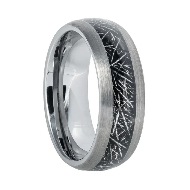 Modern engagement rings for women-Domed Brushed Tungsten Men's Wedding Band with Imitation Meteorite Inlay