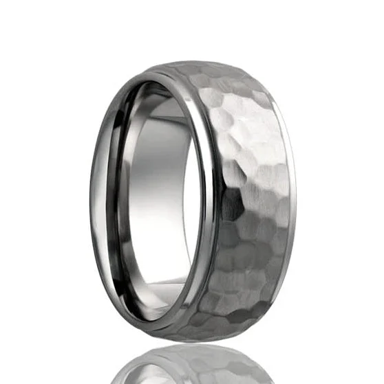 Custom rings with initials for women-Domed Hammered Titanium Wedding Band with Stepped Edges