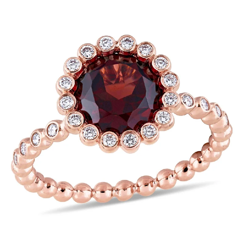 Women’s engagement rings with lab-grown diamonds-Miadora Signature Collection 14k Rose Gold Garnet and 1/4ct TDW Diamond Beaded Halo Solitaire Engagement Ring - Red