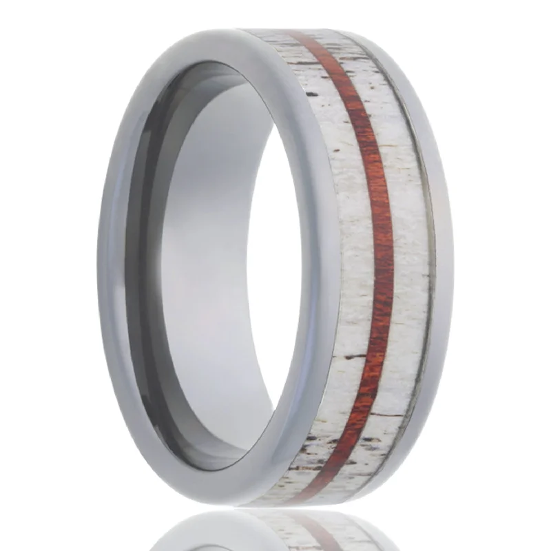 Delicate diamond rings for women-Antler & Blood Wood Inlay Tungsten Wedding Band