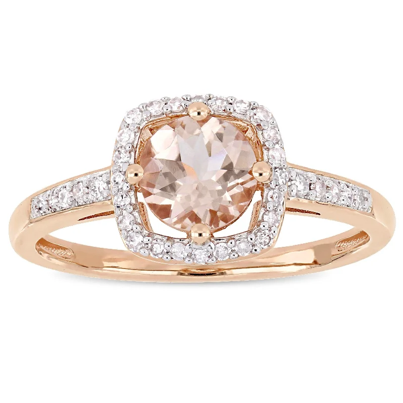 Engagement rings with oval gemstones-Miadora Signature Collection 10k Rose Gold Morganite and 1/7ct TDW Diamond Square Halo Engagement Ring