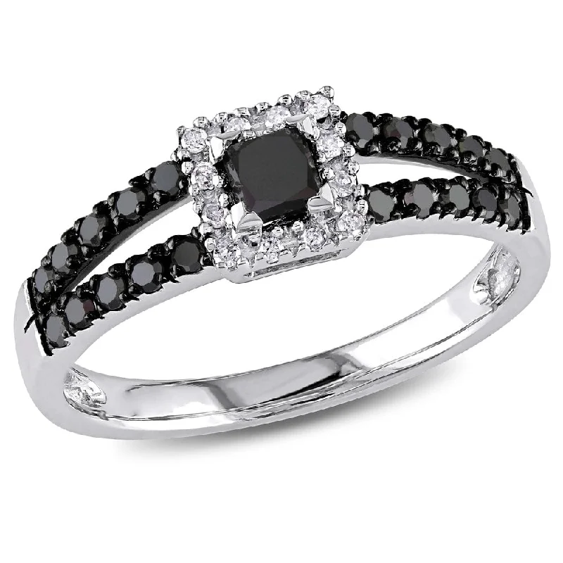 Custom-made engagement rings for women-Miadora 10k White Gold 1/2ct TDW Black and White Diamond Halo Split Shank Engagement Ring