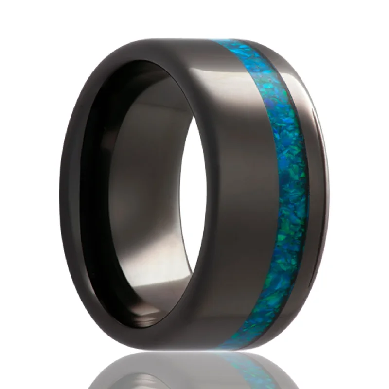 Simple and classic rings for women-Asymmetrical Blue Opal Inlay Black Ceramic Wedding Band