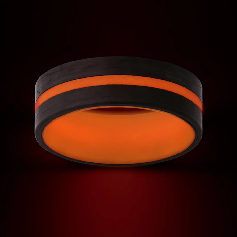 Personalized birthstone rings for women-Grooved Glow in the Dark Orange Carbon Fiber Wedding Band