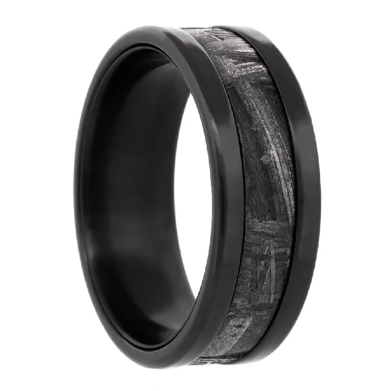 Women’s rings with heart gemstones-Meteorite Inlaid Zirconium Men's Wedding Band