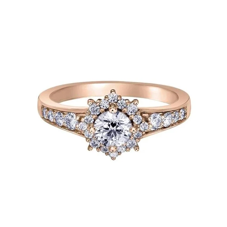 Engagement rings with matching wedding bands-14kt Rose Gold 0.89cttw Canadian Halo Diamond Engagement Ring