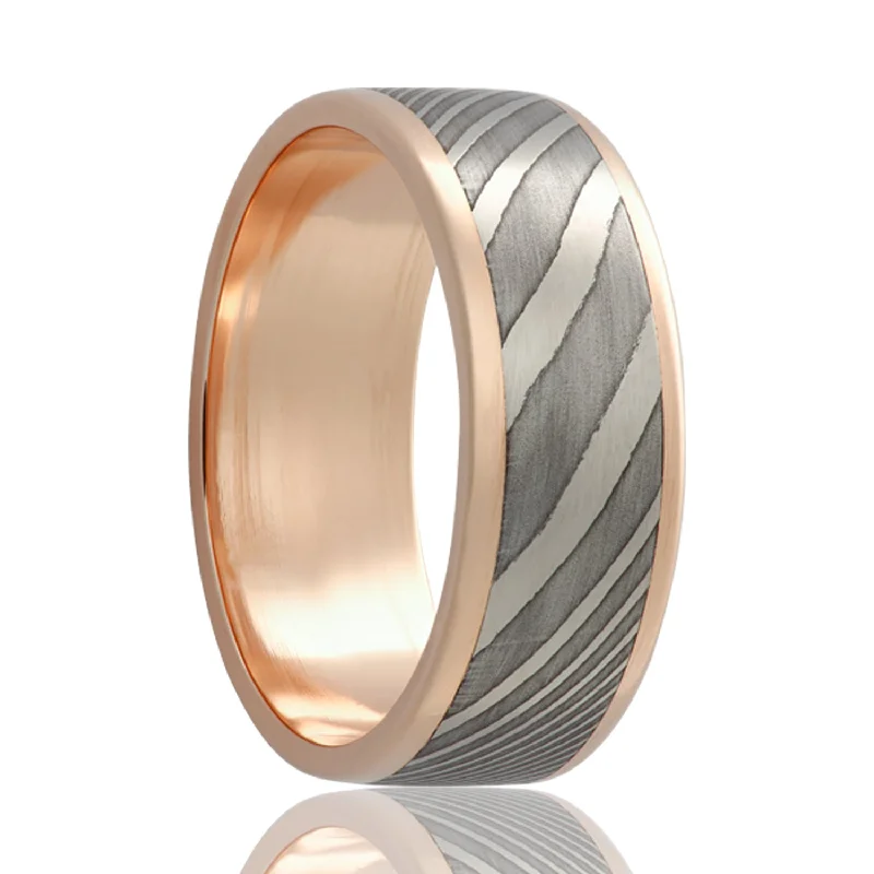 Chic stacking rings for women-Damascus Inlay 14k Rose Gold Wedding Band