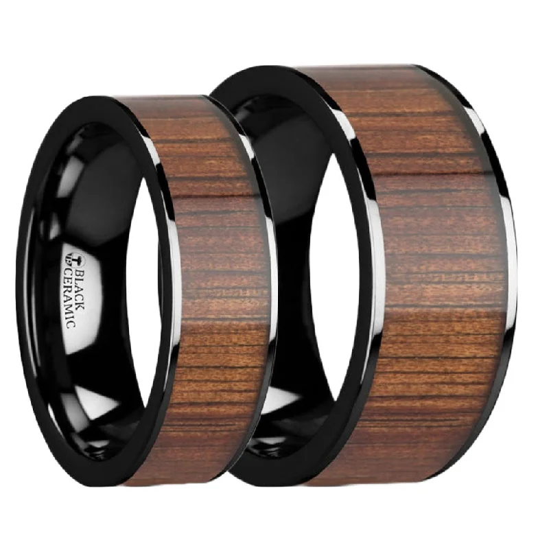 Women’s rings with artistic designs-Black Ceramic Couple's Matching Wedding Band Set with Koa Wood Inlay