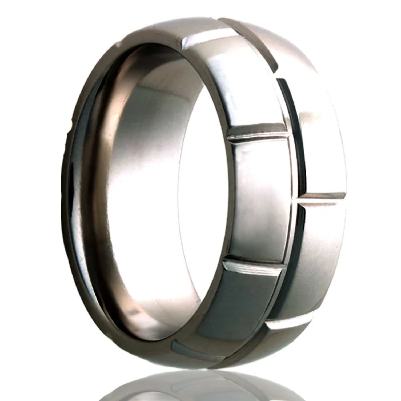 Beautiful gemstone rings for women-Brick Grooved Domed Titanium Wedding Band