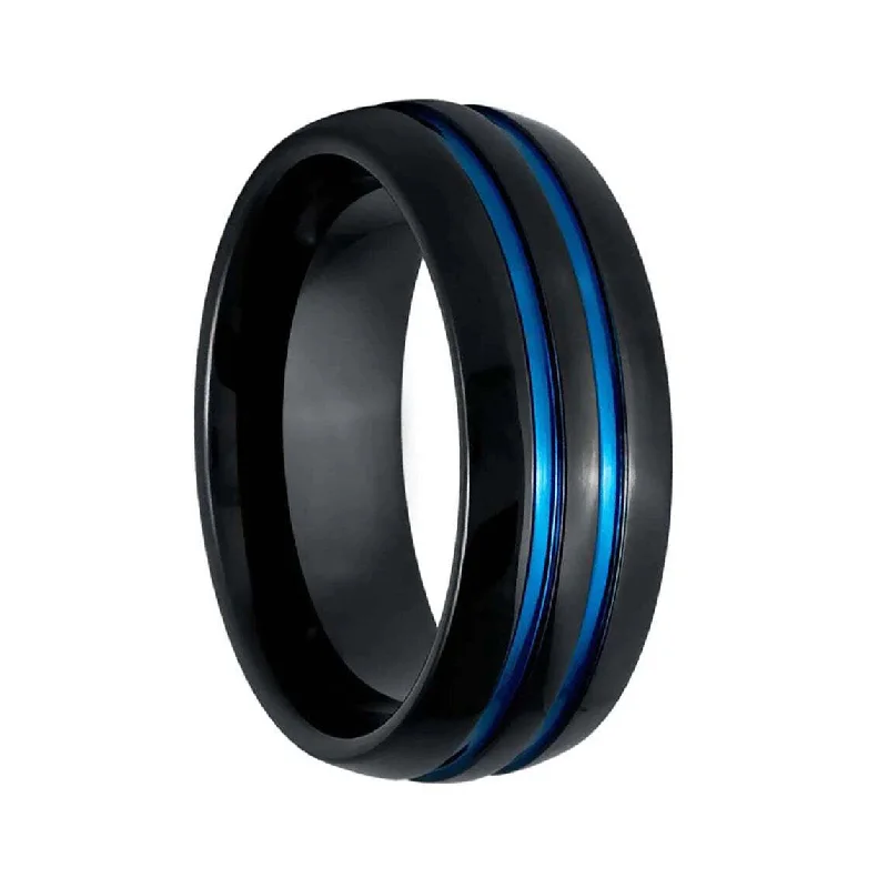 Antique rings for women-Black Tungsten Men's Wedding Band with Dual Blue Grooves