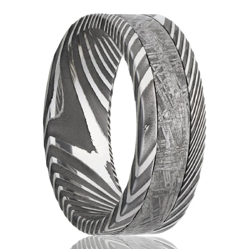 Personalized rings with initials-Meteorite Inlay Damascus Steel Men's Wedding Band