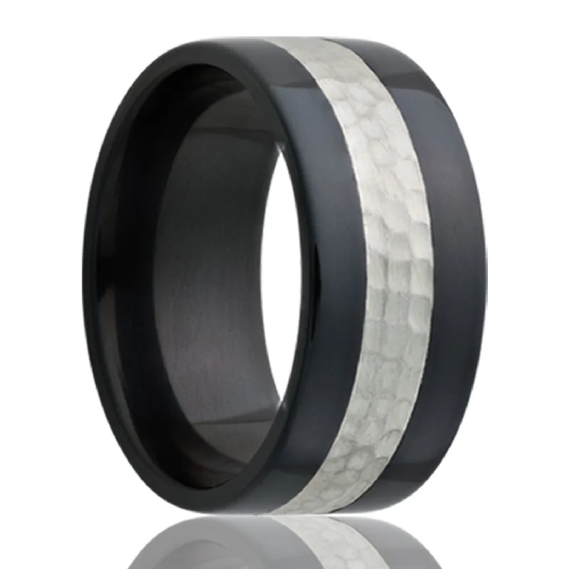 Affordable diamond rings for everyday wear-Hammered Platinum Inlay Zirconium Men's Wedding Band