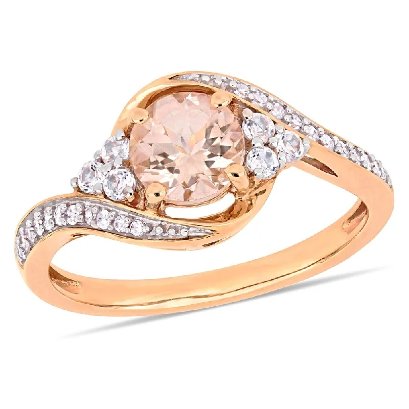 Diamond engagement rings with halo settings-Miadora 10k Rose Gold Morganite White Topaz and 1/10ct TDW Diamond Engagement Ring