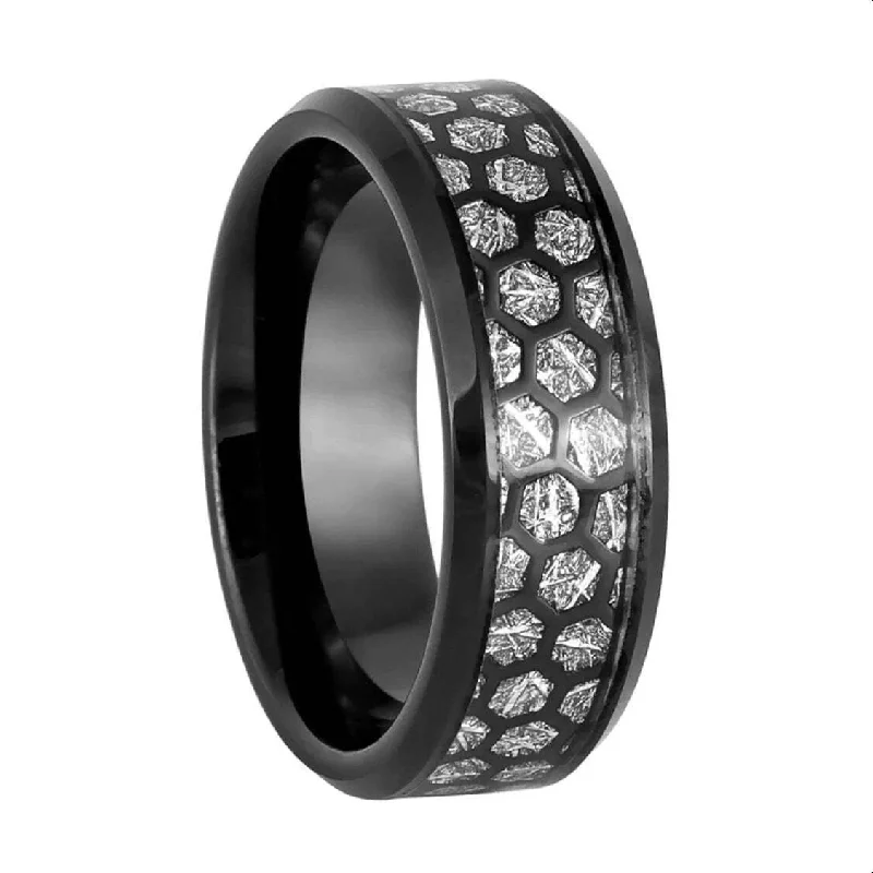 Classic cocktail rings for women-Imitation Meteorite Hexagon Honeycomb Inlay Black Tungsten Men's Wedding Band