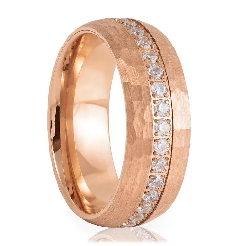 Elegant silver rings for women-Hammered Rose Gold Tungsten Men's Wedding Band with Cubic Zirconia