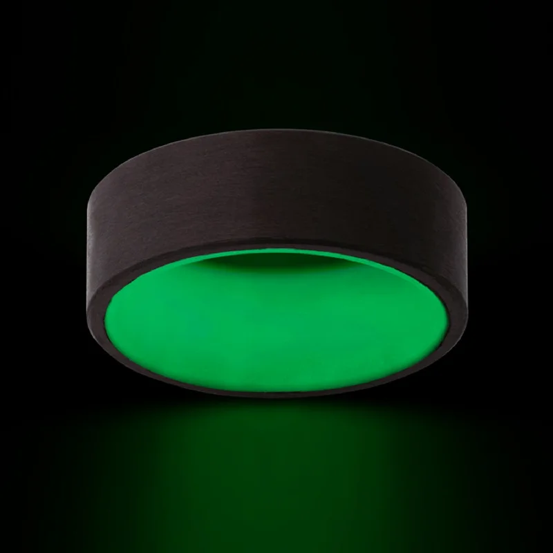 Elegant silver rings for women-Glow in the Dark Carbon Fiber Wedding Band with Contrasting Green Center