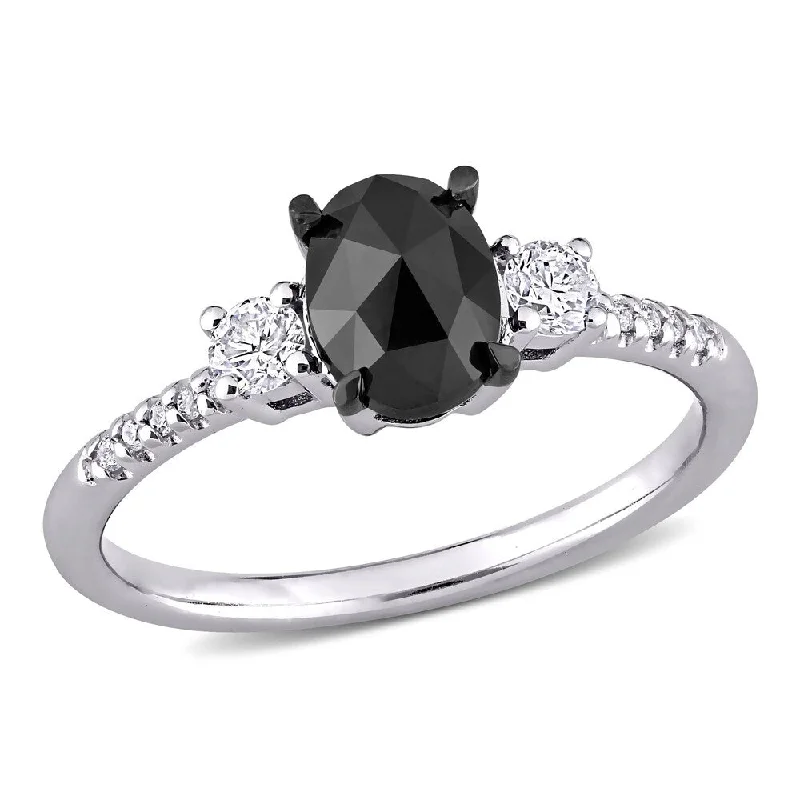 Platinum engagement rings for women-Miadora 14k White Gold 1 1/5ct TDW Black & White Oval & Round-cut Diamond 3-stone Engagement Ring