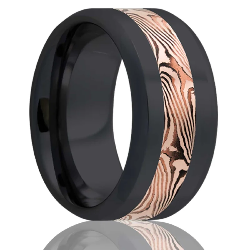 Women’s rings with gold plating-14k Rose Gold & Shakudo Mokume Gane Inlay Zirconium Wedding Band with Beveled Edges