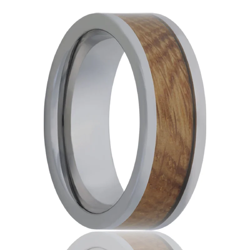 Elegant silver rings for women-Whiskey Barrel Wood Inlay Tungsten Wedding Band