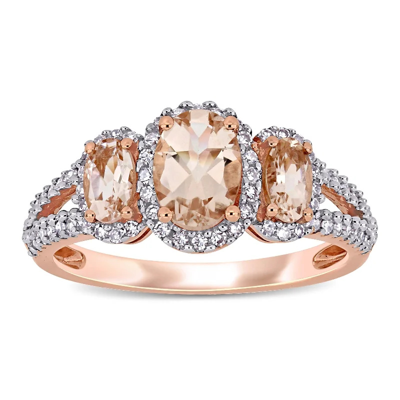 Unique engagement rings with intricate designs-Miadora 14k Rose Gold Oval-cut Morganite and 1/3ct TDW Diamond 3-Stone Halo Engagement Ring