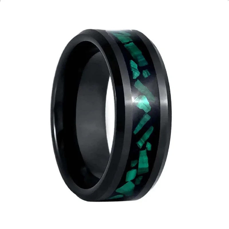 Custom birthstone rings for women-Crushed Malachite Inlay Black Tungsten Men's Wedding Band