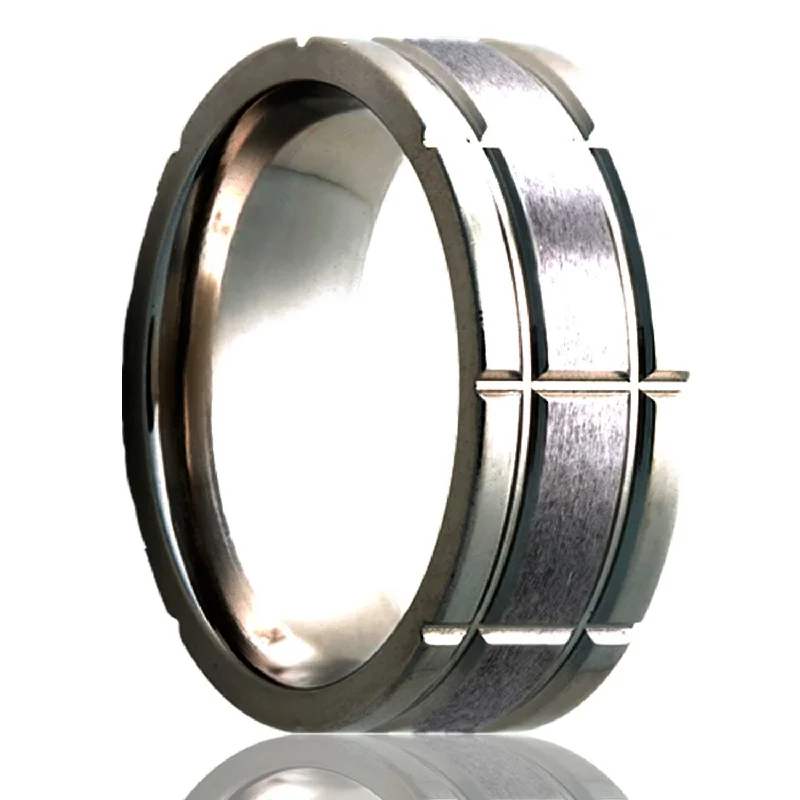 Designer rings for women-Intersecting Groove Pattern Satin Finish Cobalt Wedding Band